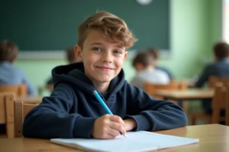 Élève de CM2 concentré en train d'écrire une dictée dans son cahier en classe