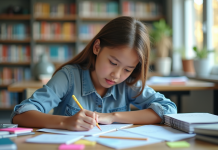 Etudiant concentré travaillant à une table de bibliothèque