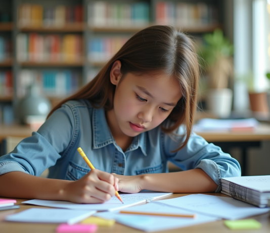 Etudiant concentré travaillant à une table de bibliothèque