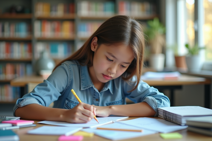 Etudiant concentré travaillant à une table de bibliothèque