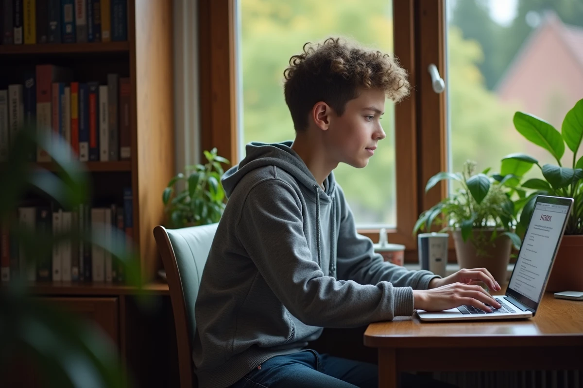 Jeune lyceen utilisant le portail ENT Rochelle à la maison