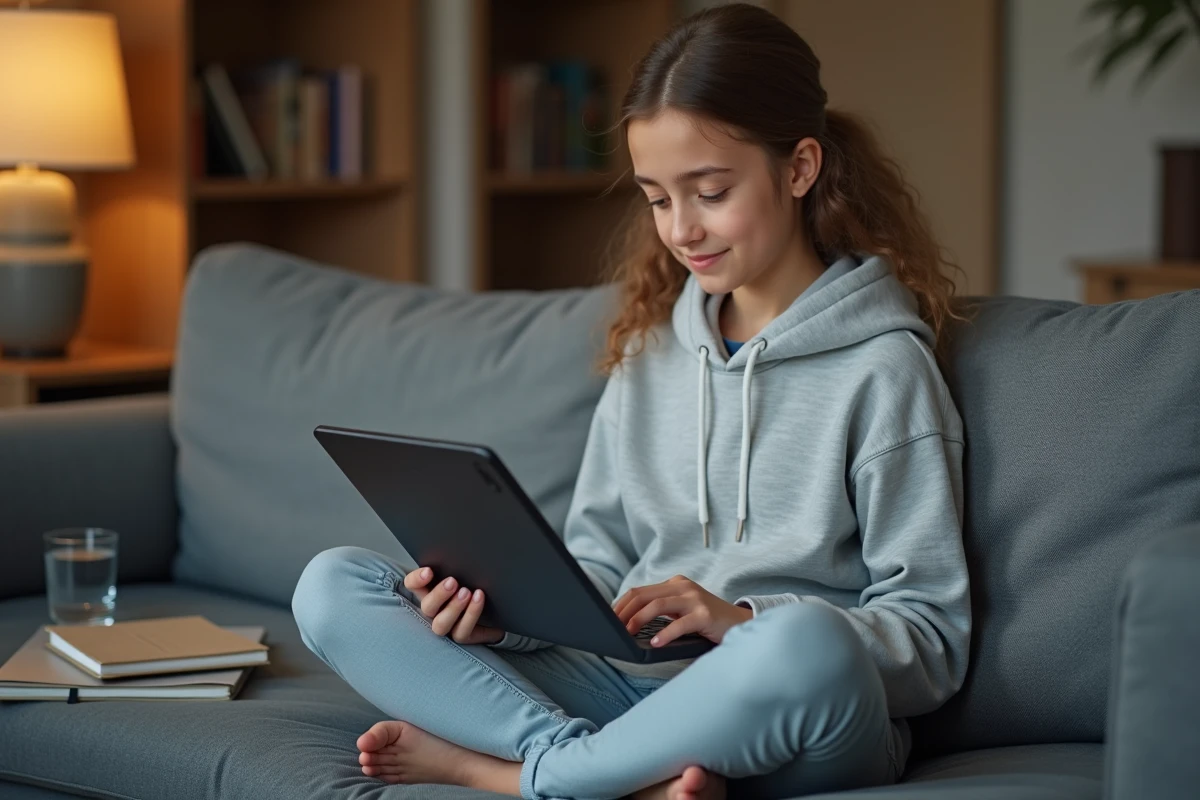 Adolescente consultant les paramètres de confidentialité de son compte ENT Aisne NEO sur une tablette dans un salon