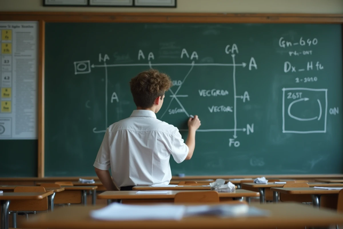 Élève au tableau noir traçant des flèches de vecteurs dans un exercice de mathématiques au lycée