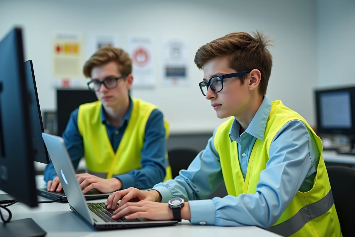 Élèves de lycée professionnel suivant une formation en habilitation électrique sur ordinateur en classe