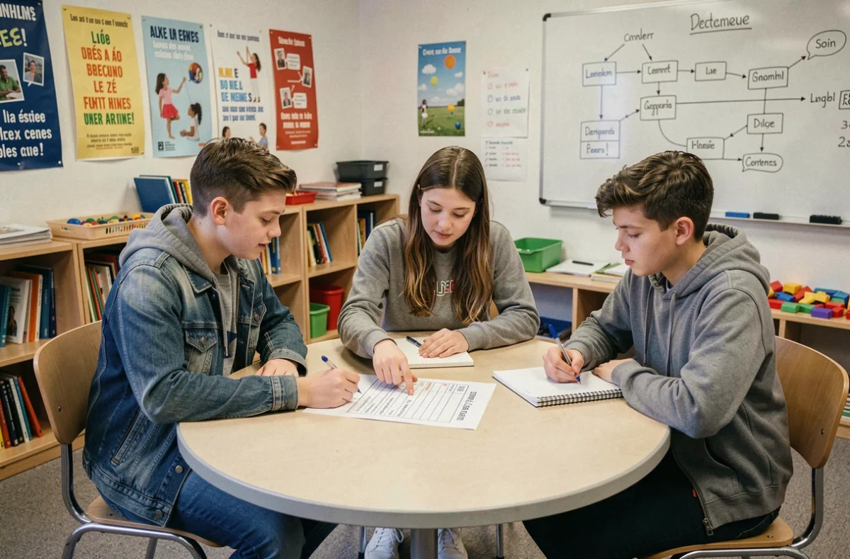 Groupe d'élèves en situation de handicap travaillant ensemble dans une classe ULIS autour d'un projet de scolarisation inclusif