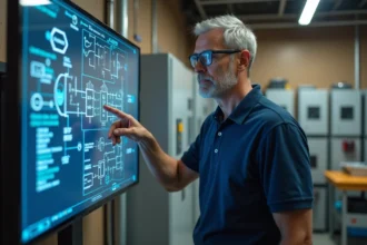 Enseignant en lycée professionnel présentant un module d'habilitation électrique sur écran interactif en atelier