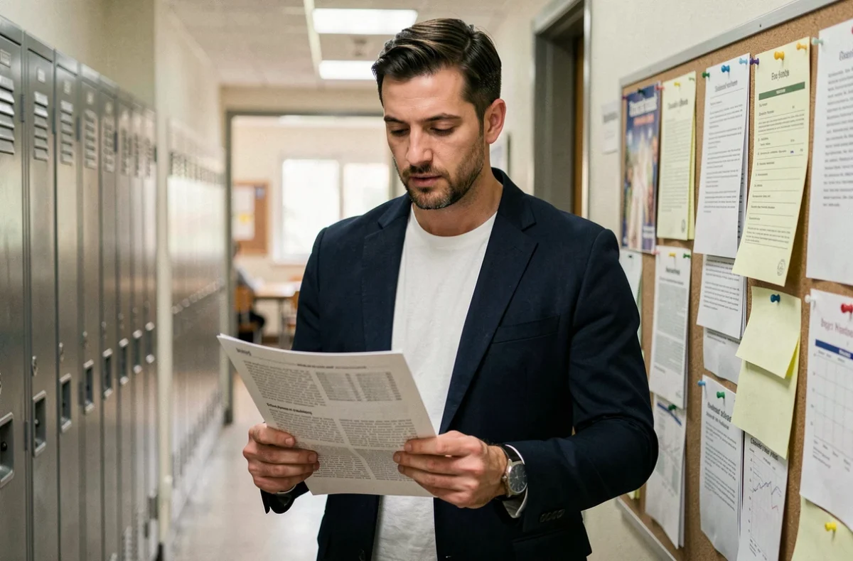Enseignant lisant un article imprimé d'un blog pédagogique dans un couloir d'école