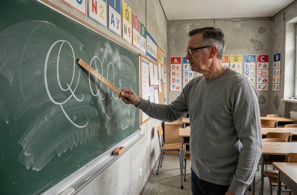 Enseignant montrant au tableau les modèles de Q majuscule attaché en écriture cursive dans une salle de classe