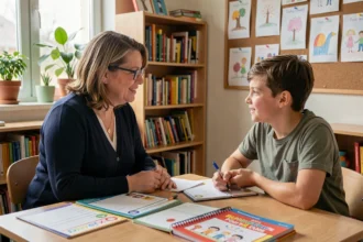 Enseignante spécialisée accompagnant un élève dans une classe ULIS avec un projet personnalisé de scolarisation