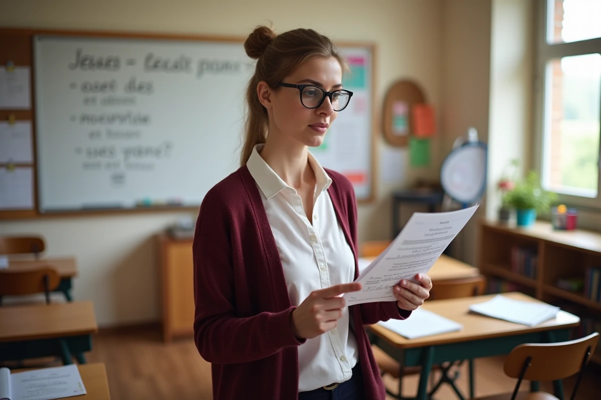 Enseignante de CM2 lisant une fiche de dictée à voix haute devant ses élèves