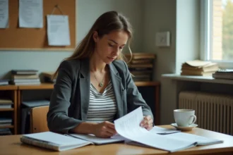 Enseignante réfléchissant à l'avenir de sa carrière après la fin du Pacte enseignant 2026, assise dans une salle des professeurs avec des documents