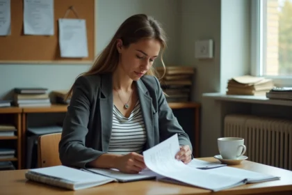 Enseignante réfléchissant à l'avenir de sa carrière après la fin du Pacte enseignant 2026, assise dans une salle des professeurs avec des documents