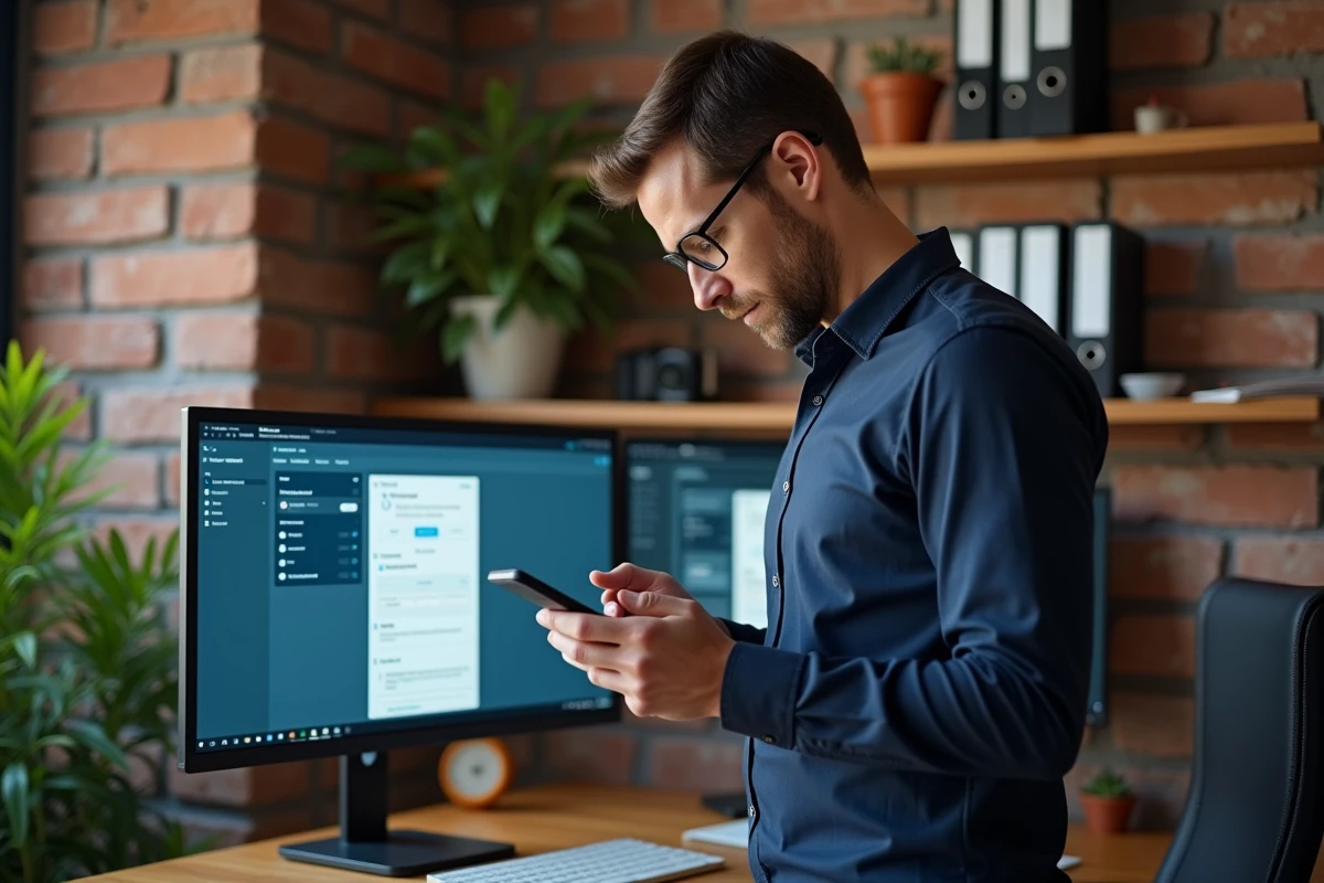 Enseignant consultant l'ENT et la messagerie académique sur smartphone et ordinateur dans un bureau à domicile
