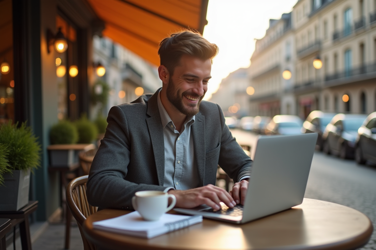 Entrepreneur souriant travaillant sur son ordinateur en terrasse en France