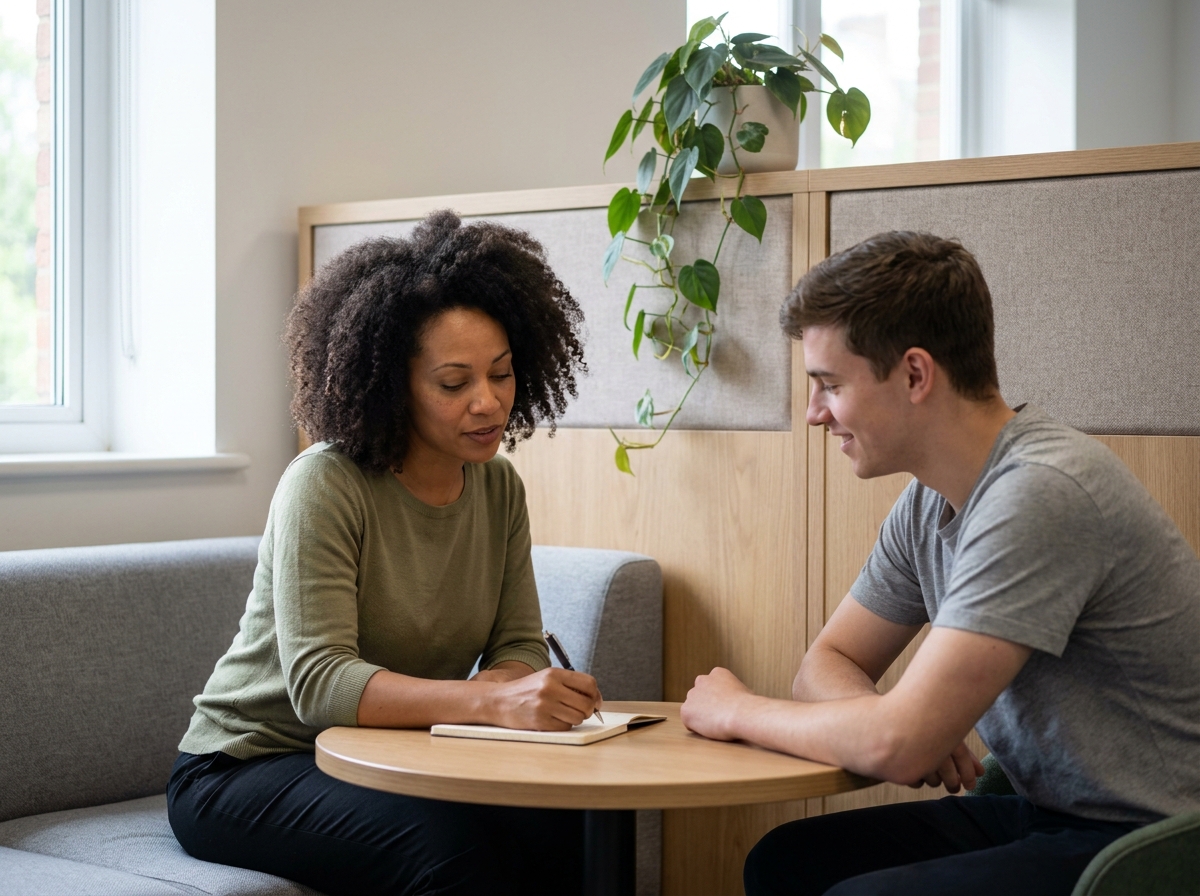 Entretien individuel entre une manager et un collaborateur dans un espace de travail informel et bienveillant