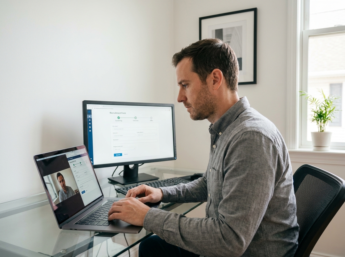 Responsable RH conduisant un entretien vidéo avec un outil numérique de suivi des étapes du recrutement sur double écran