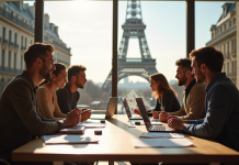 Jeune equipe d'affaires brainstorming à Paris avec Tour Eiffel