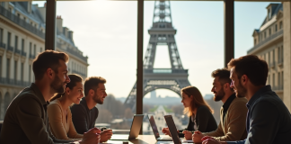 Jeune equipe d'affaires brainstorming à Paris avec Tour Eiffel