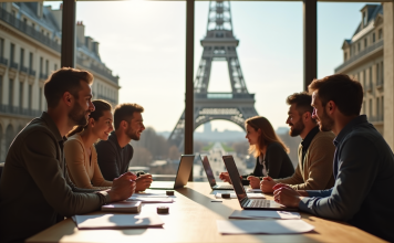 Jeune equipe d'affaires brainstorming à Paris avec Tour Eiffel