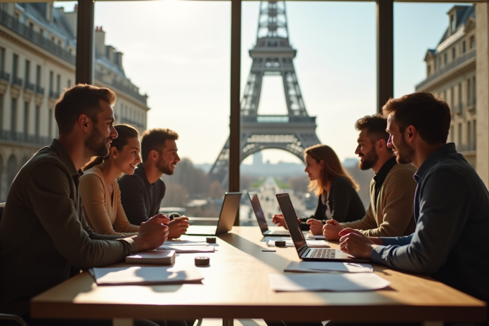 Jeune equipe d'affaires brainstorming à Paris avec Tour Eiffel