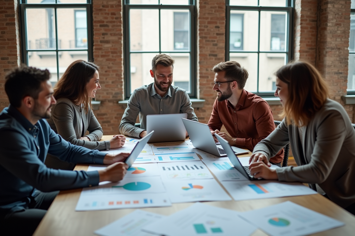 Groupe d entrepreneurs divers collaborant autour d une table lumineuse
