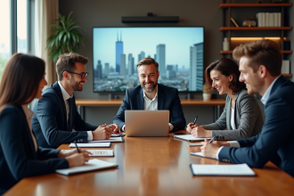 Groupe de professionnels en visioconférence dans un bureau moderne