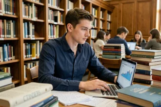 Jeune homme étudiant dans une bibliothèque universitaire entouré de livres académiques et d'un ordinateur portable, illustrant le parcours des études longues avant l'entrepreneuriat