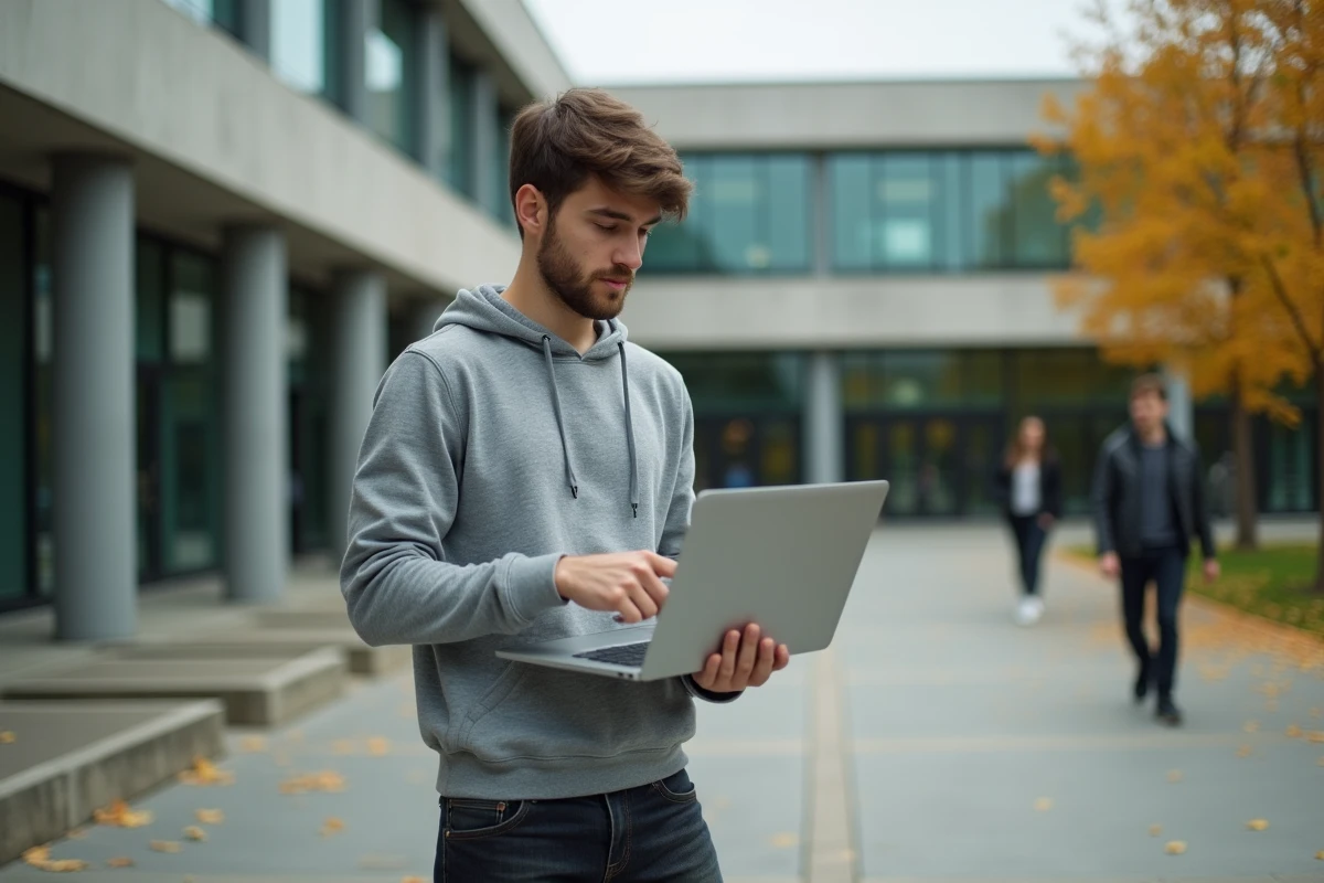 Étudiant devant le campus universitaire consultant les conditions d'accès au master informatique Nexa