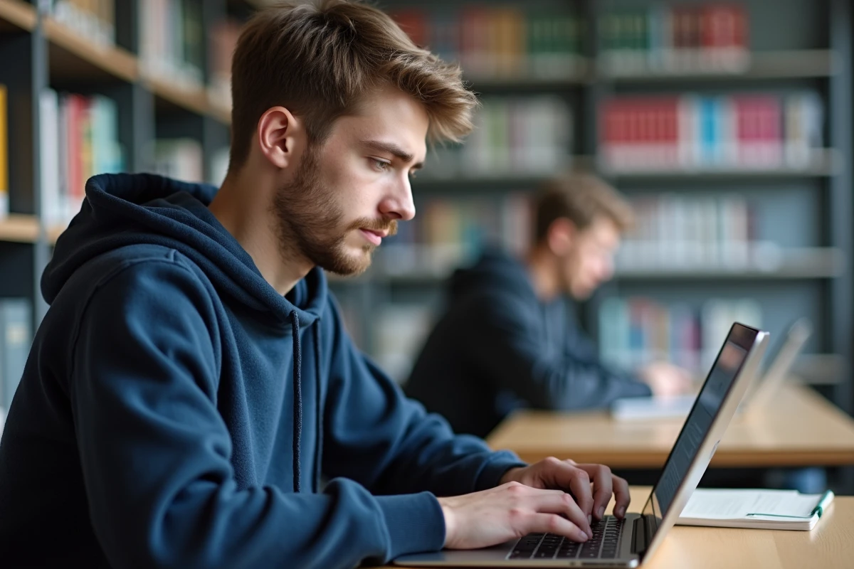 Étudiant comparant des sites d'orientation professionnelle et des listes de métiers en bibliothèque universitaire