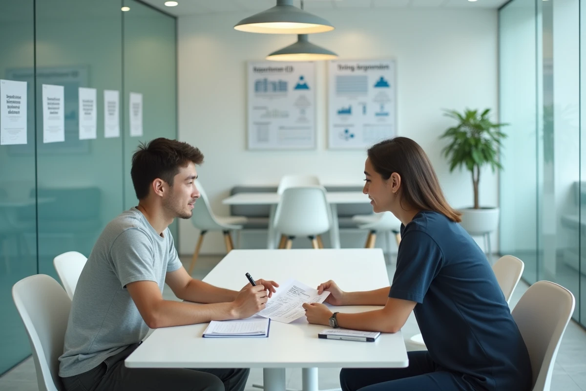 Étudiant en design en rendez-vous avec un conseiller financier universitaire pour planifier le financement de ses études