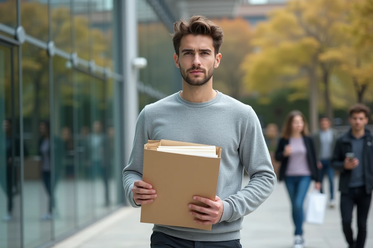 Étudiant tenant son dossier de candidature pour une admission parallèle en ECE devant un campus de grande école en France