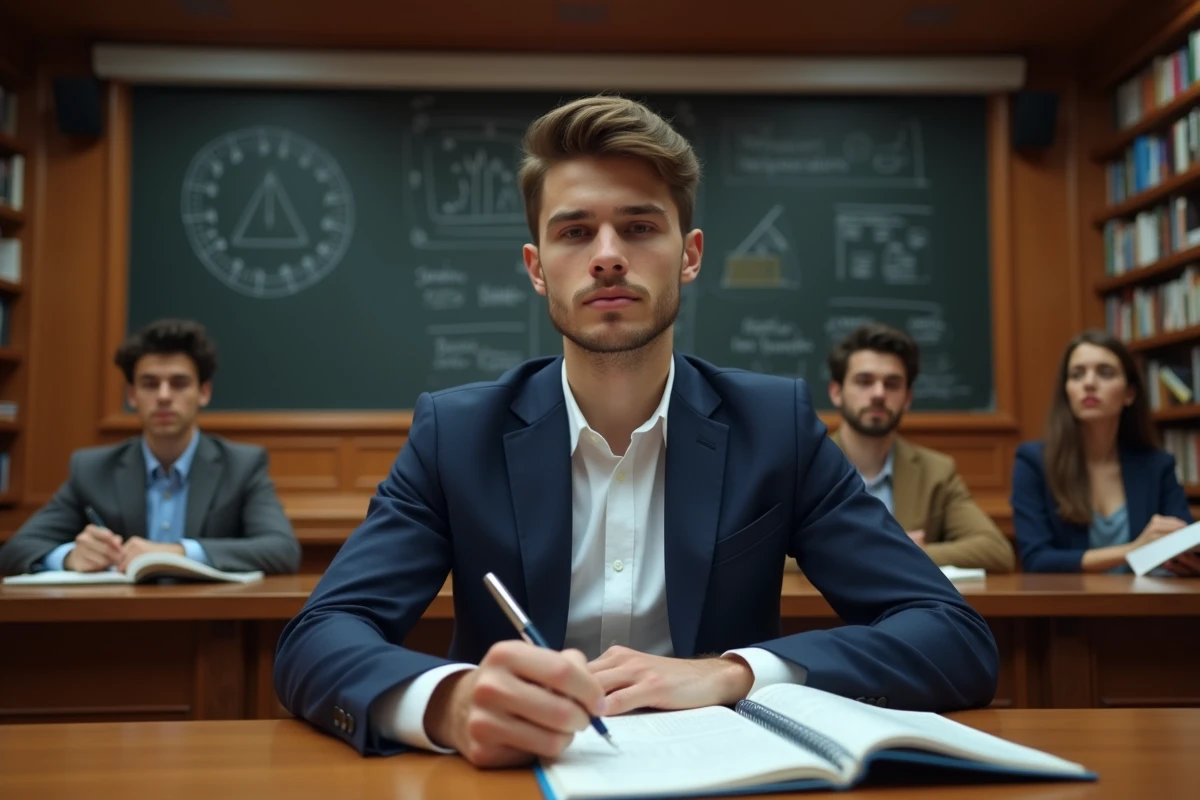 Étudiant concentré prenant des notes dans un amphithéâtre d'école privée classique à Paris