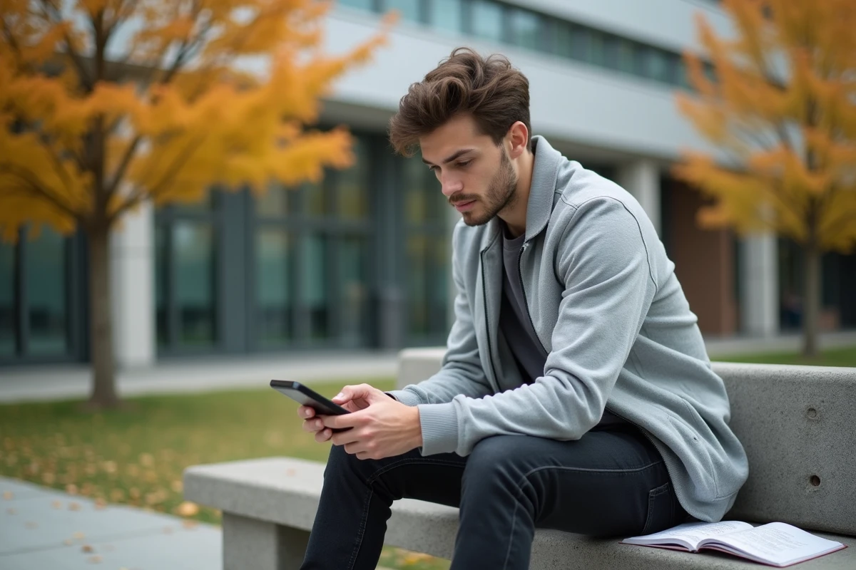 Étudiant consultant l'ENT Normandie Université sur son smartphone assis sur un banc du campus en automne