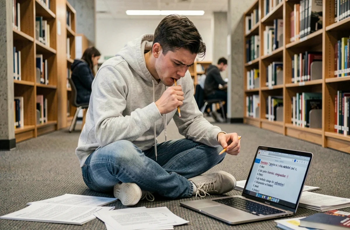 Étudiant révisant les erreurs de conjugaison des verbes en -ir au futur simple dans une bibliothèque universitaire