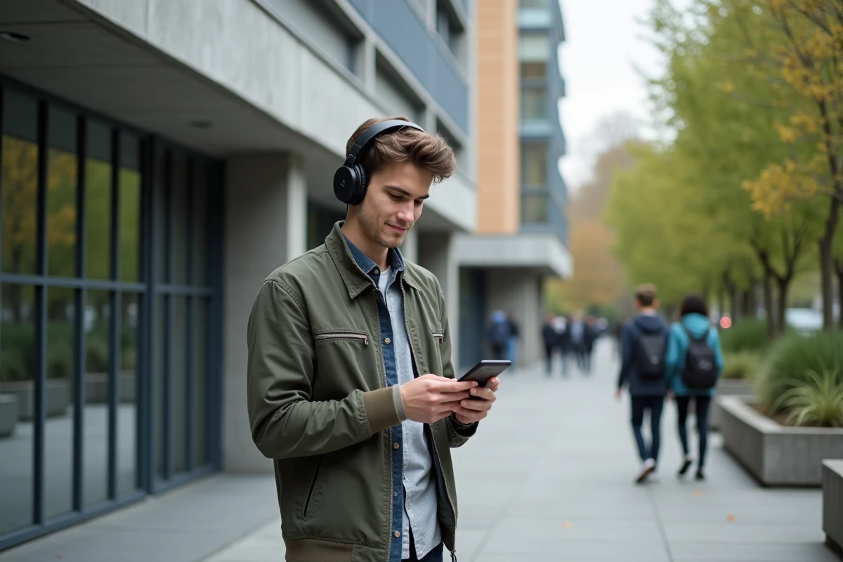 Etudiant dehors à Nanterre avec smartphone et casque