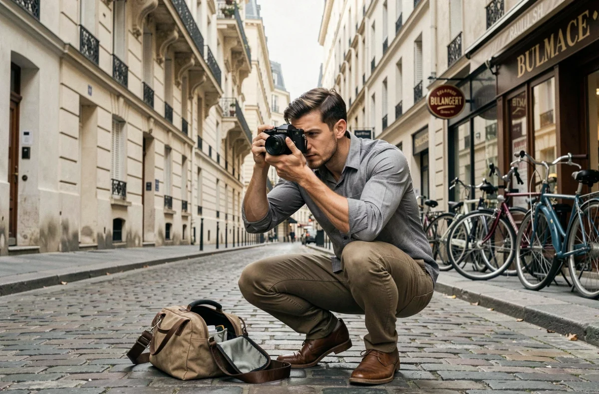 Étudiant GOBELINS en reportage photo dans les rues de Paris avec un appareil photo professionnel