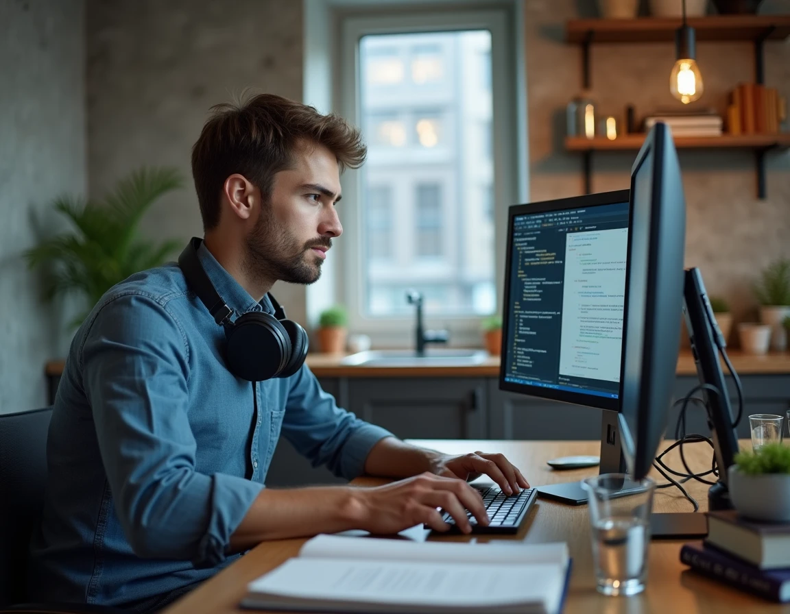 Étudiant ingénieur en télétravail dans son appartement avec double écran et manuels universitaires