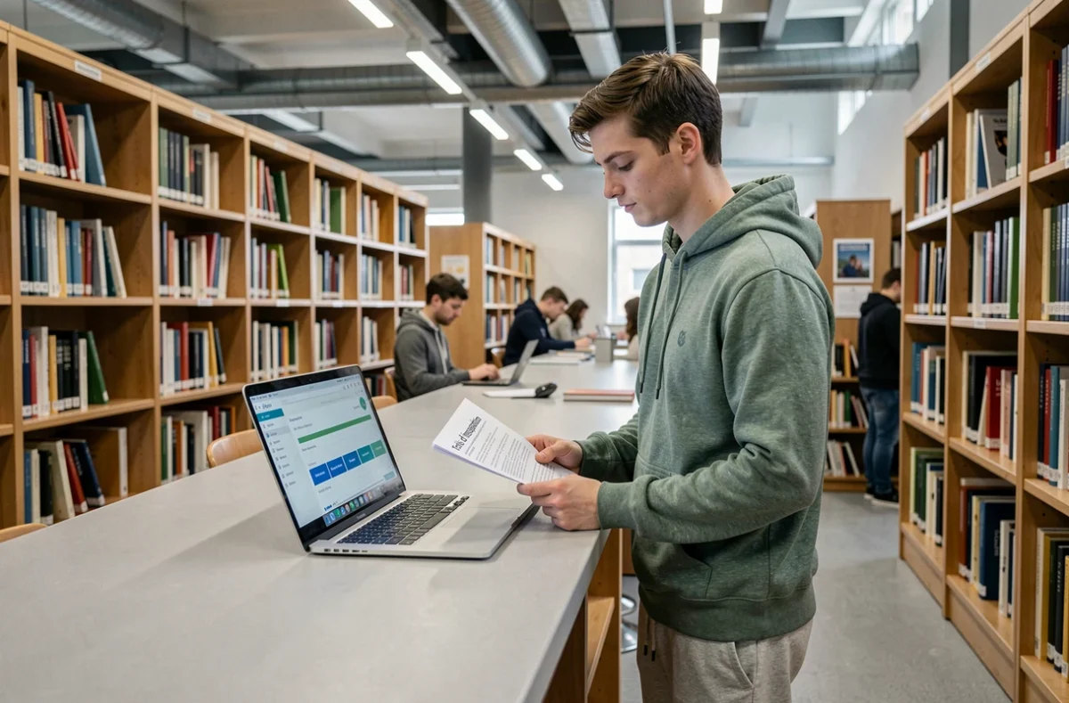 Étudiant en kiné consultant un simulateur de budget sur ordinateur dans une bibliothèque universitaire belge