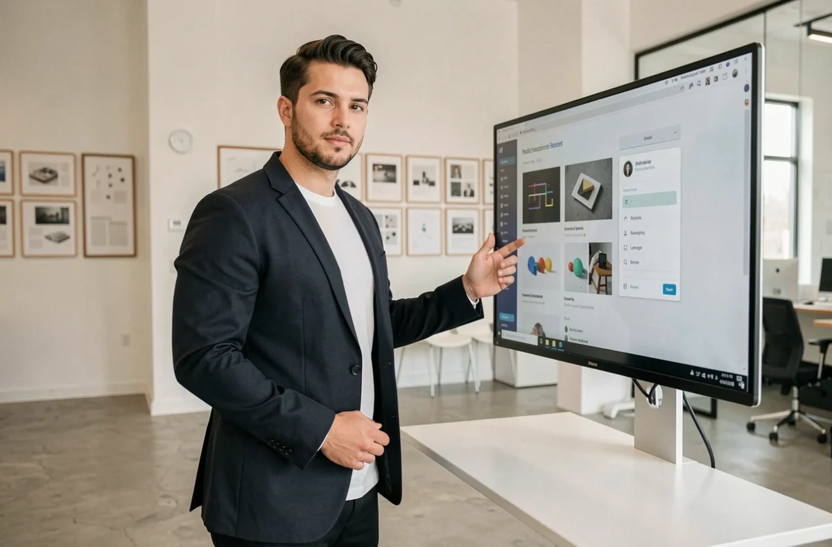 Étudiant en mastère présentant son portfolio professionnel via MJM CLOUD dans un studio de design contemporain