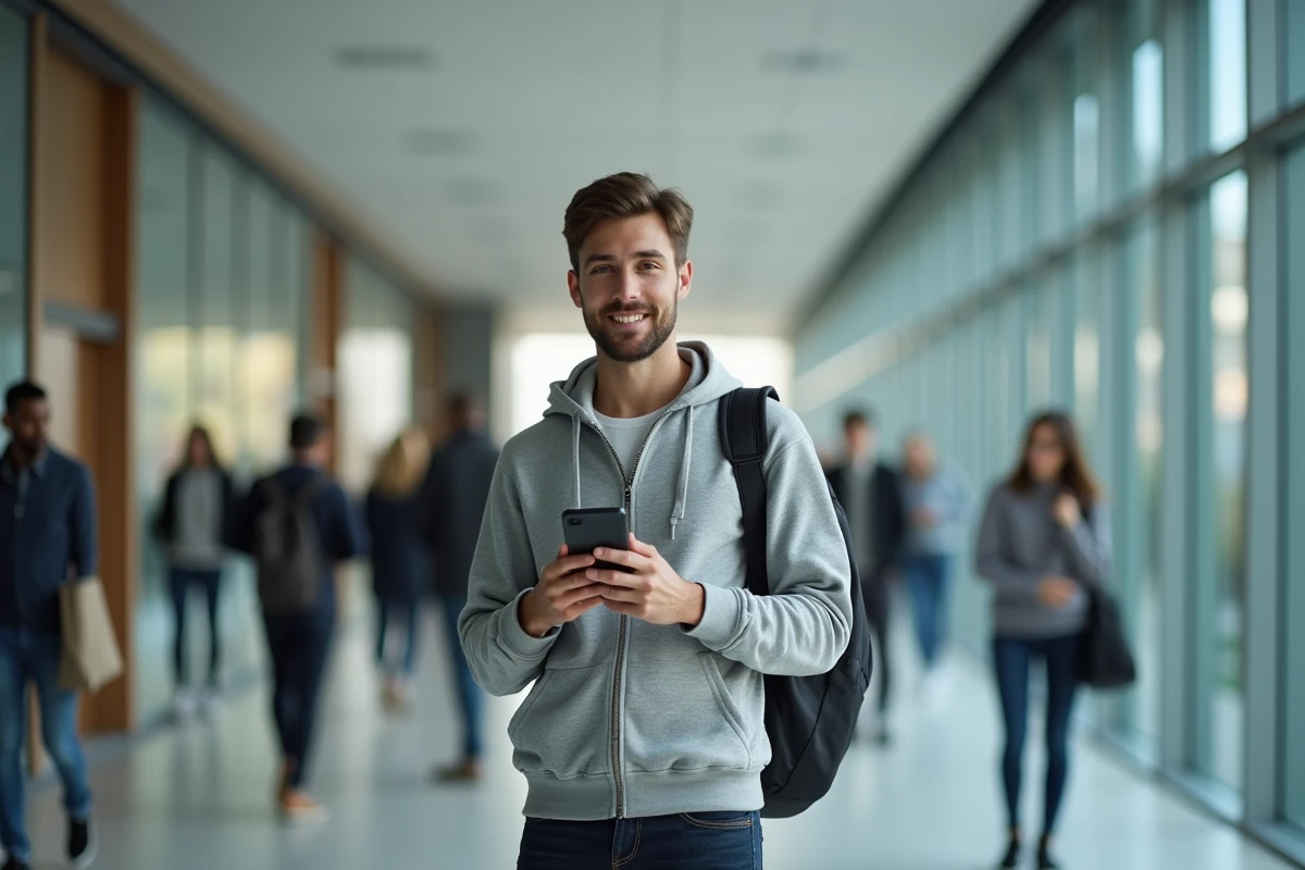 Étudiant consultant sa messagerie universitaire sur smartphone dans un couloir du campus du Mans