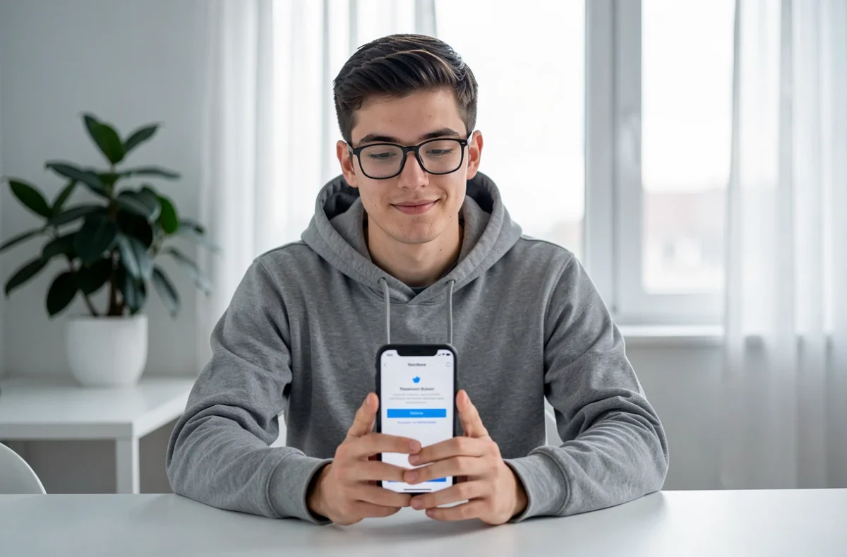 Étudiant souriant consultant la réinitialisation de son mot de passe ENR Assas sur smartphone