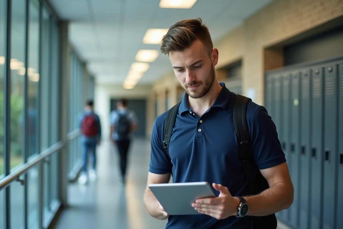 Étudiant consultant son planning de cours et devoirs sur une tablette dans un couloir universitaire moderne