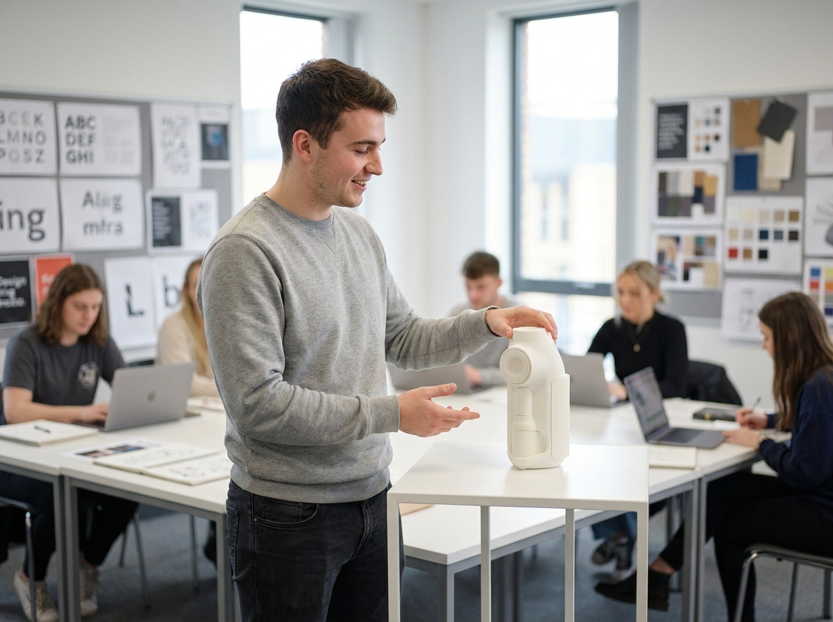 Étudiant en design présentant un prototype imprimé en 3D lors d'une critique pédagogique dans une école de design à Nantes