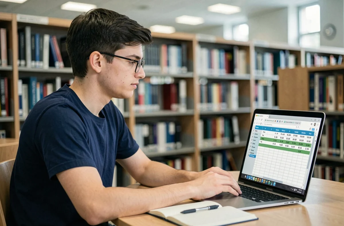 Étudiant consultant un tableau de calcul de moyenne sur son ordinateur portable dans une bibliothèque universitaire