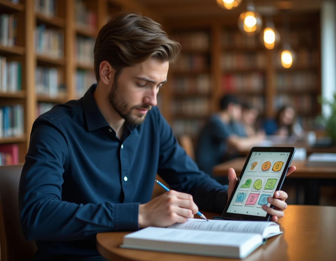 Étudiant utilisant une tablette pour un test de mémoire dans une bibliothèque universitaire