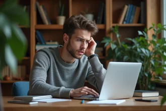 Étudiant universitaire perplexe devant son ordinateur portable