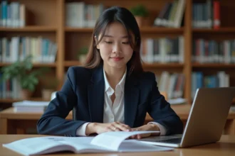 Étudiante consultant un dossier d'admission pour un master en informatique dans une bibliothèque universitaire