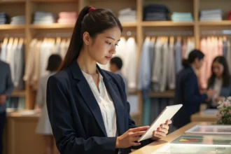 Étudiante en BTS MCO analysant des données de vente sur une tablette dans une boutique de prêt-à-porter moderne