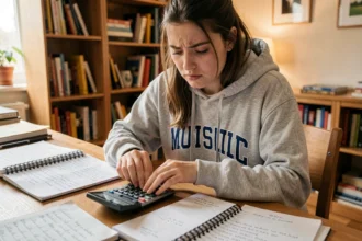 Étudiante utilisant une calculatrice pour calculer sa moyenne générale sur un bureau en bois avec des notes manuscrites