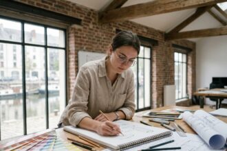Étudiante en design travaillant sur des croquis dans un atelier industriel avec vue sur un canal à Nantes